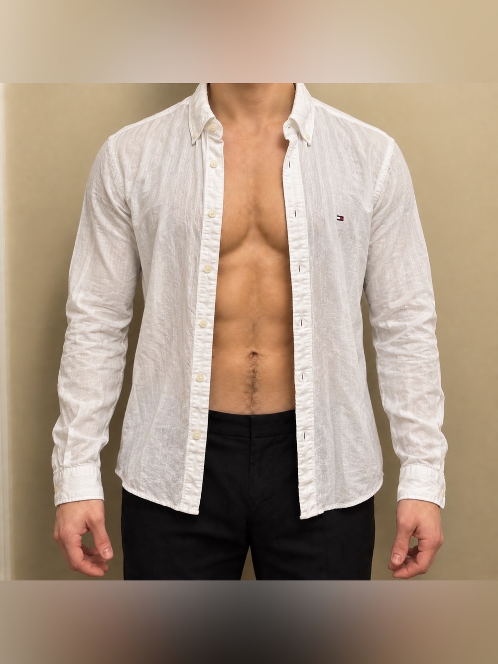 Tommy Hilfiger White 100% Linen Men’s Button-Down Shirt